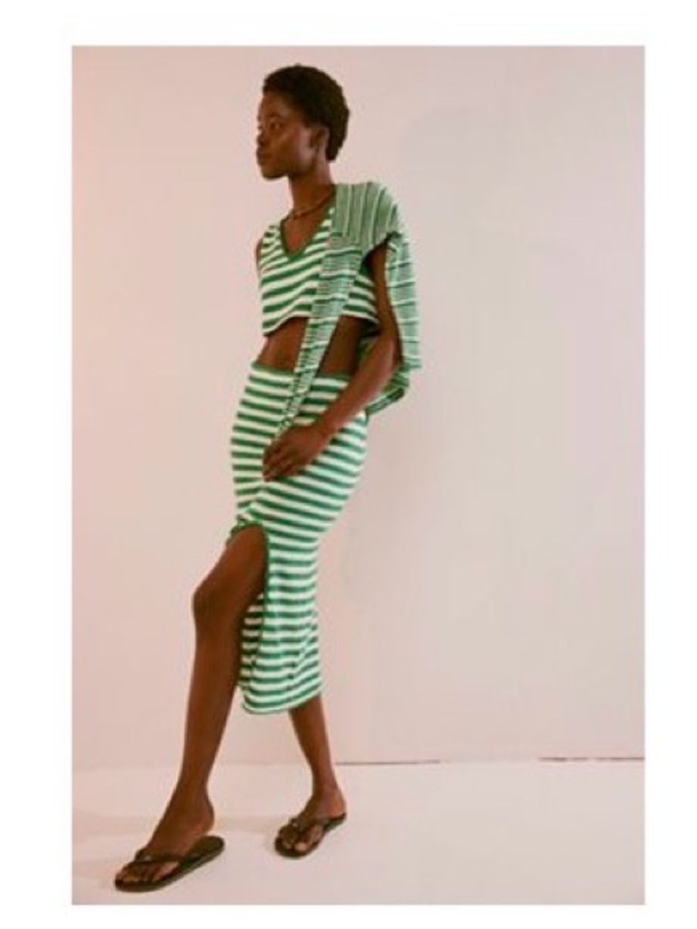 Women's Green & White Striped Skirt Set - 3-Piece Knit Ensemble